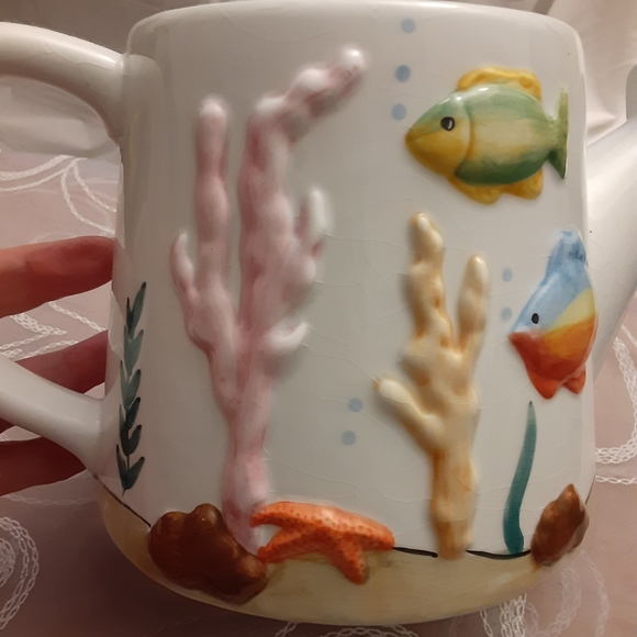 Ceramic Watering Can/Planter w/Tropical Fish Design 5" Tall Base 5.5" 4" Across - Picture 2 of 11